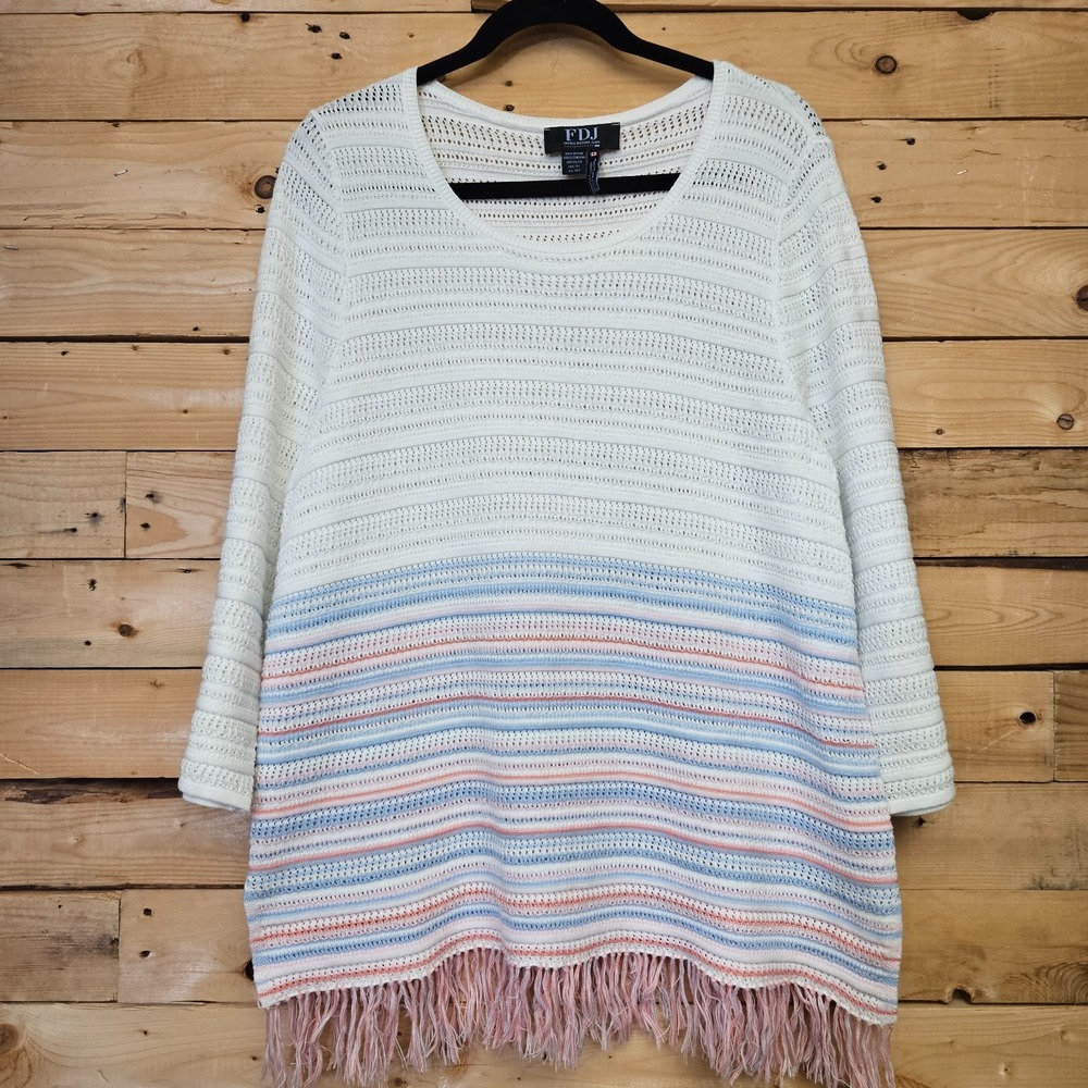 FDJ French Dressing Jeans Multi Striped Fringe Sweater Large Boho Beach